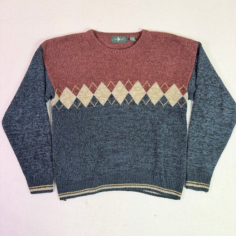Vintage 90s Hunt Club Argyle Crewneck Sweater Men's Med Silk Cotton Grandpacore - Picture 5 of 11